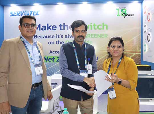 Mr. Raman Bhatia, MD, Servotech and Mrs. Sarika Bhatia, Director Servotech with Mr. Subrahmanyam Pulipaka, CEO, NSEFI at the time of the signing of the agreement